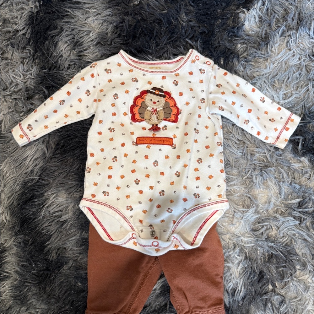 Carter's White and Brown Turkey Print Kids Matching Set